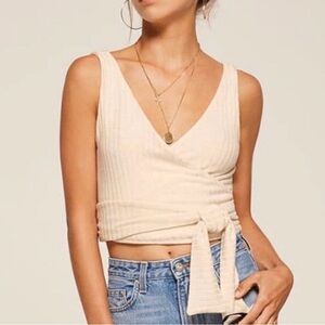 Reformation Ace Wrap Top Linen Blend Ribbed Sleeveless V Neck Cropped Ivory XL
